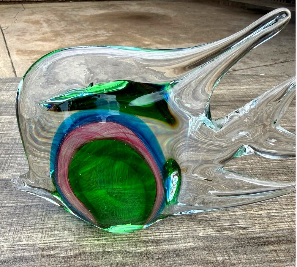 Vintage Murano Style Sommerso Art Glass Fish Sculpture Green Blue Pink 8"